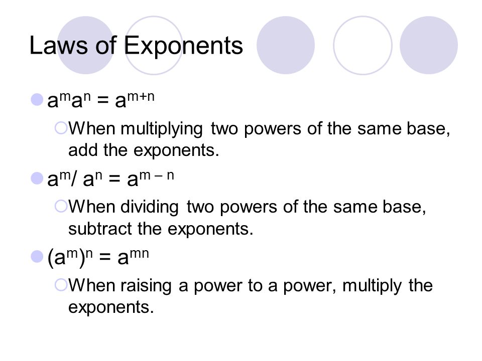 Laws of Exponents aman = am+n am/ an = am – n (am)n = amn