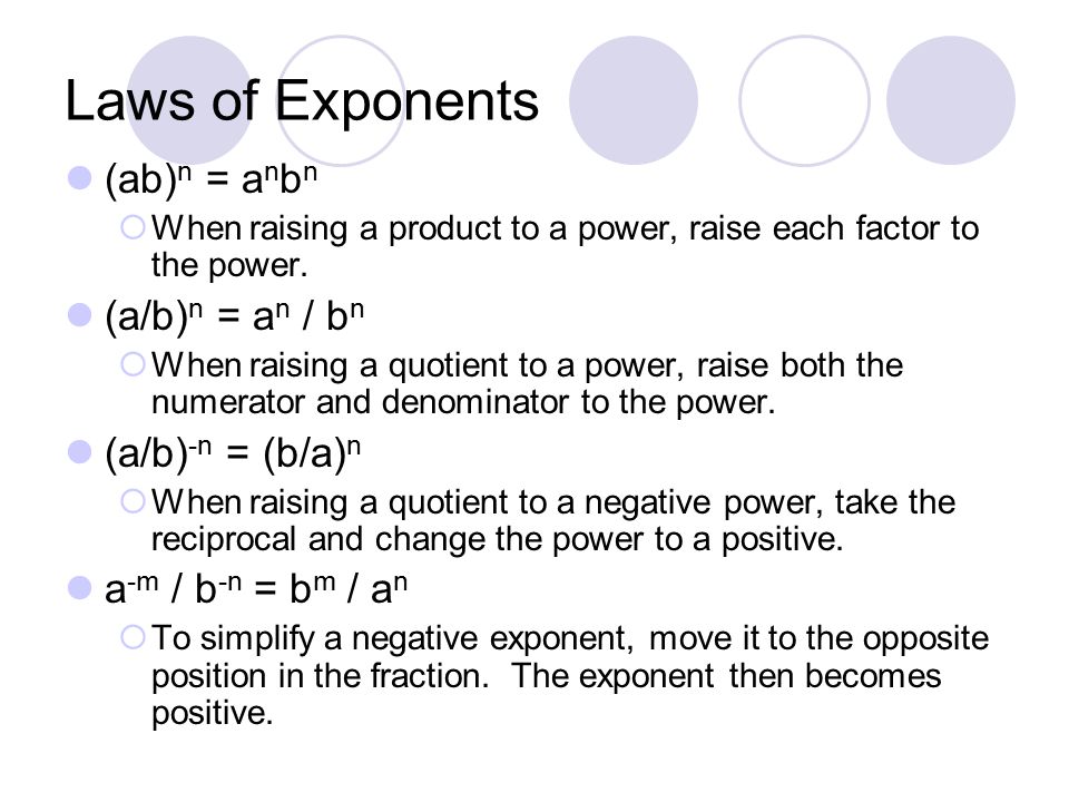 Laws of Exponents (ab)n = anbn (a/b)n = an / bn (a/b)-n = (b/a)n