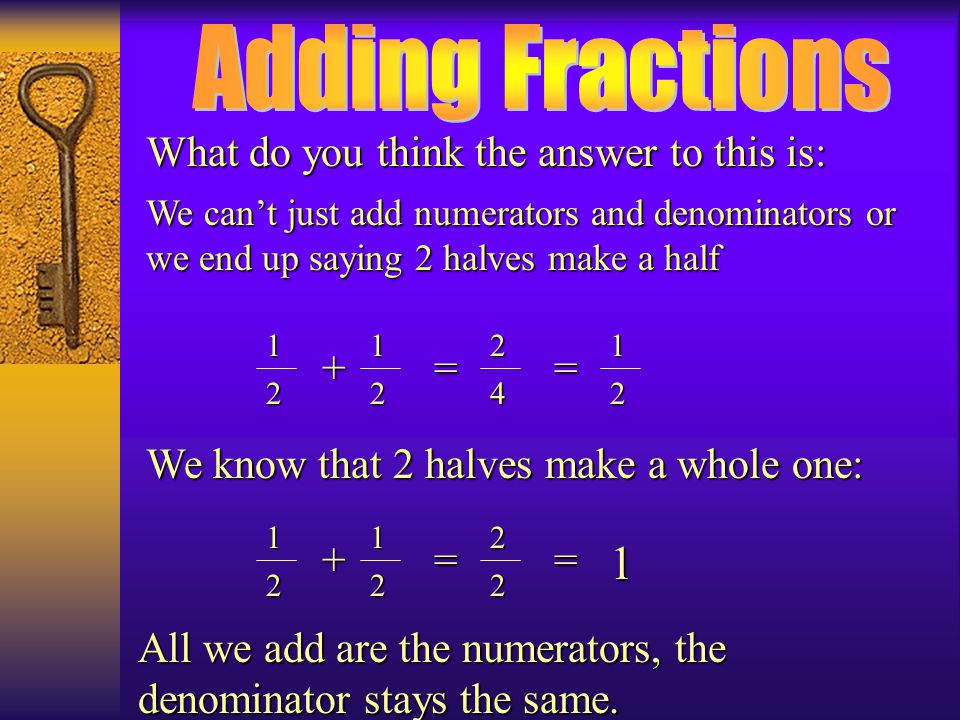 Adding Fractions 1 What do you think the answer to this is: + = =