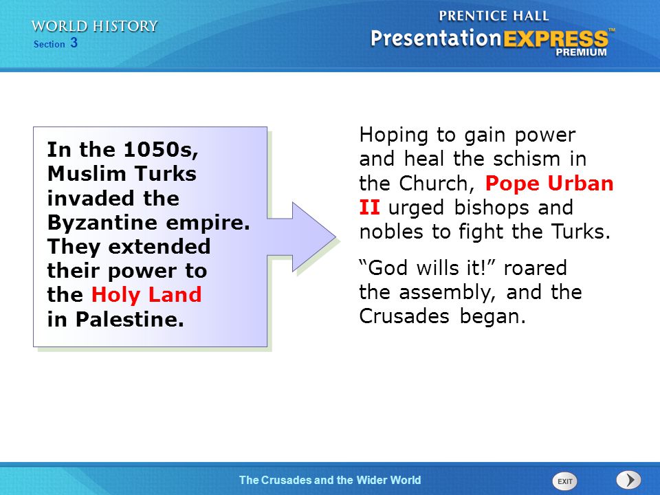 Hoping to gain power and heal the schism in the Church, Pope Urban II urged bishops and nobles to fight the Turks.