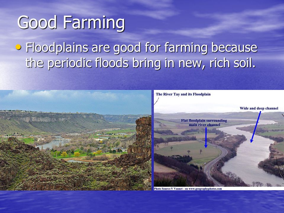 Good Farming Floodplains are good for farming because the periodic floods bring in new, rich soil.
