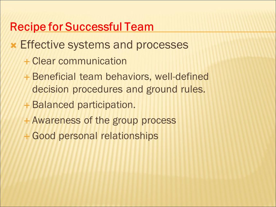 Recipe for Successful Team Effective systems and processes