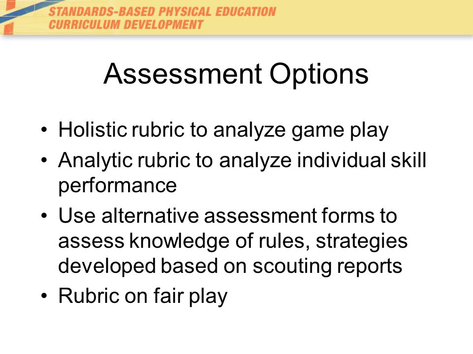 Assessment Options Holistic rubric to analyze game play