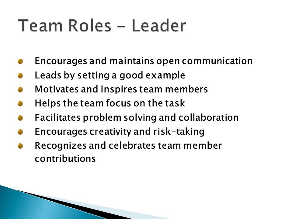 Team Roles - Leader Encourages and maintains open communication