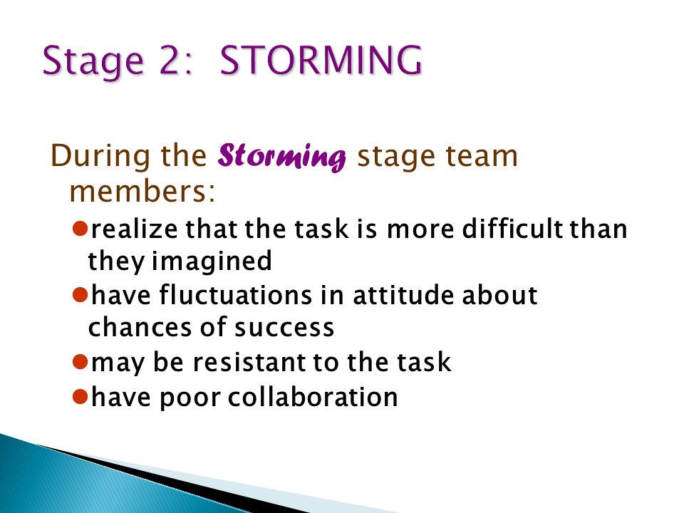 Stage 2: STORMING During the Storming stage team members: