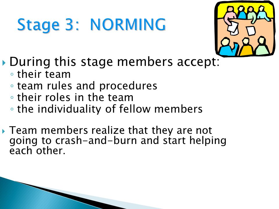 Stage 3: NORMING During this stage members accept: their team