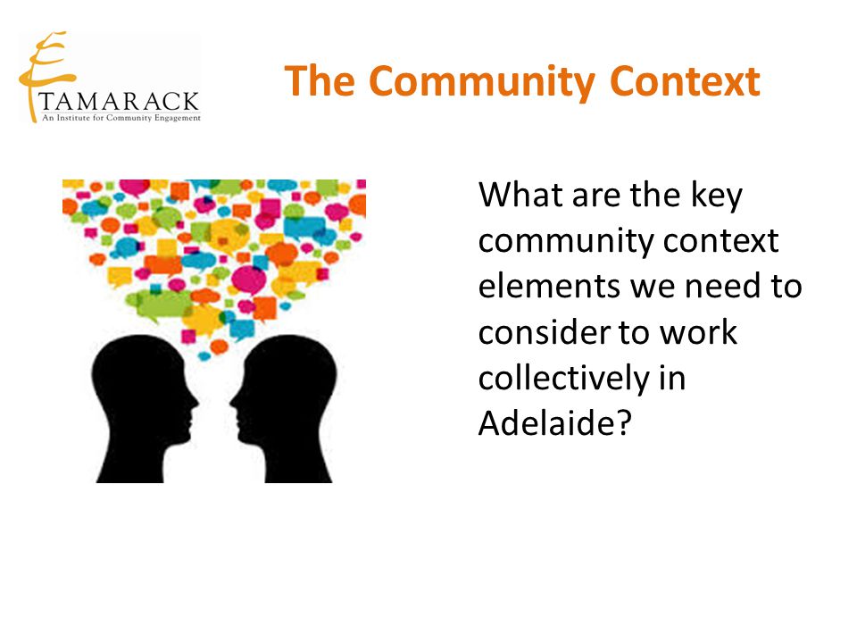 The Community Context What are the key community context elements we need to consider to work collectively in Adelaide