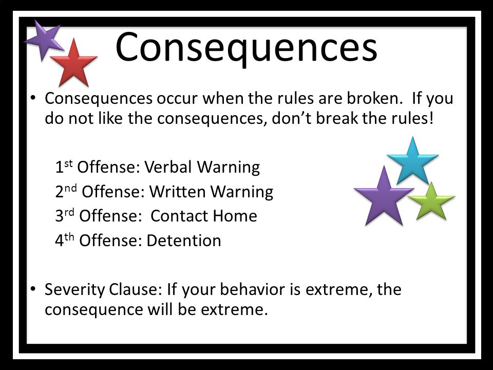 Consequences Consequences occur when the rules are broken. If you do not like the consequences, don’t break the rules!