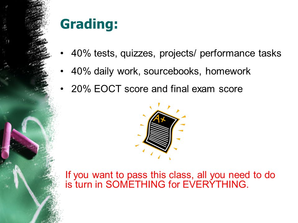 Grading: 40% tests, quizzes, projects/ performance tasks
