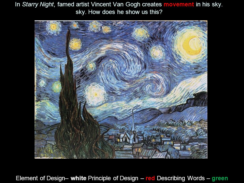 In Starry Night, famed artist Vincent Van Gogh creates movement in his sky. How does he show us this