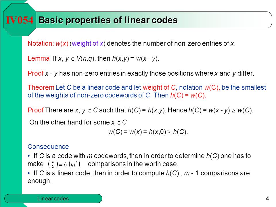 Iv054 Chapter 2 Linear Codes Abstract Ppt Download