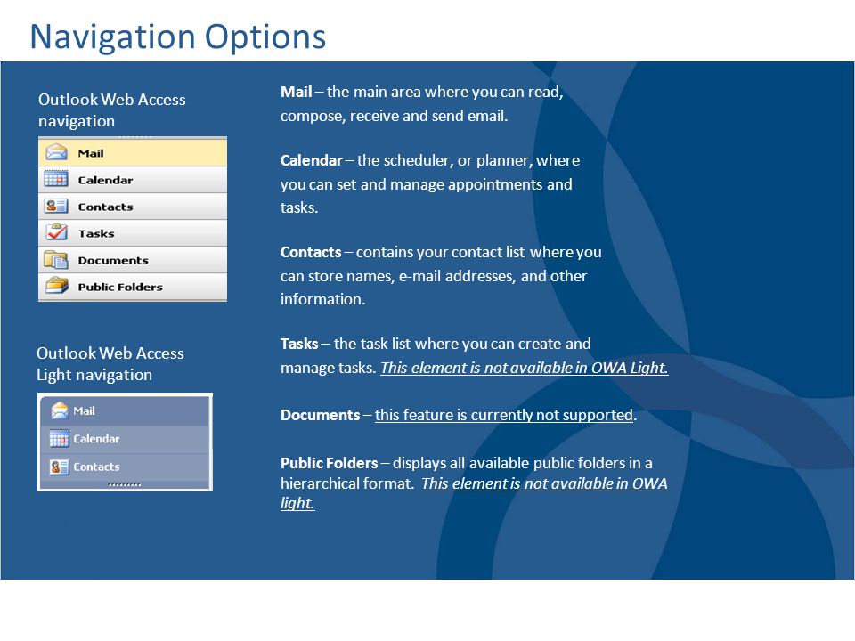 Navigation Options Outlook Web Access navigation