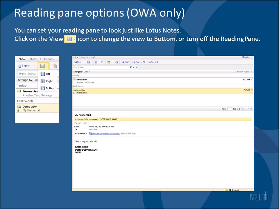 Reading pane options (OWA only)