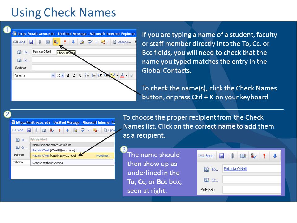 Using Check Names If you are typing a name of a student, faculty