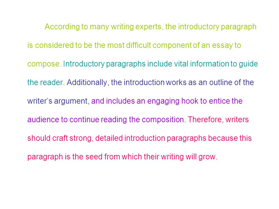 According to many writing experts, the introductory paragraph is considered to be the most difficult component of an essay to compose.