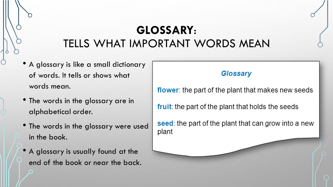 Glossary: tells what important words mean