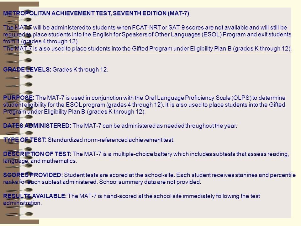 Metropolitan Achievement Test, Seventh Edition (MAT 7) - ppt download