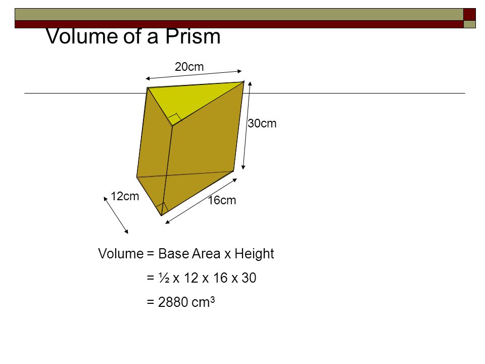 Volume of a Prism Volume = Base Area x Height = ½ x 12 x 16 x 30