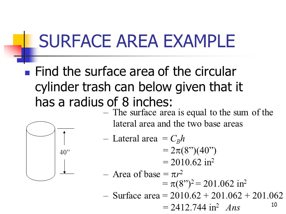 SURFACE AREA EXAMPLE Find the surface area of the circular cylinder trash can below given that it has a radius of 8 inches: