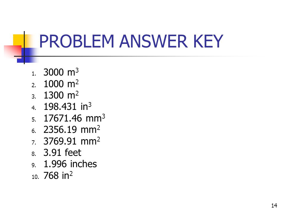 PROBLEM ANSWER KEY 3000 m m m in mm3