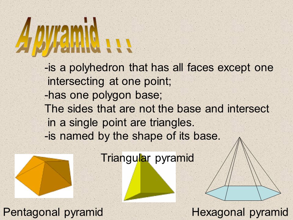 A pyramid is a polyhedron that has all faces except one