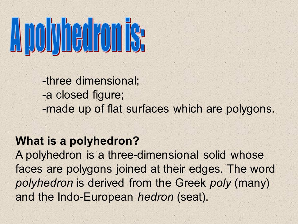 A polyhedron is: -three dimensional; -a closed figure;