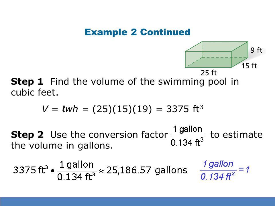 Example 2 Continued Step 1 Find the volume of the swimming pool in cubic feet. V = ℓwh = (25)(15)(19) = 3375 ft3.