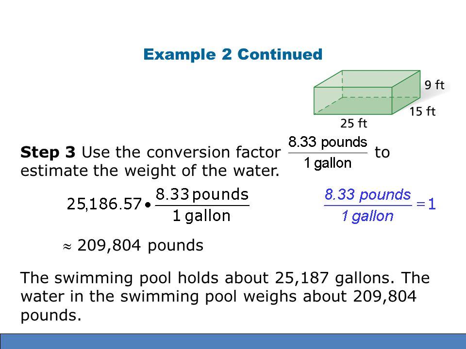 Example 2 Continued Step 3 Use the conversion factor to estimate the weight of the water.