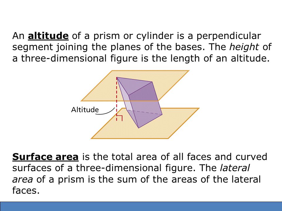 An altitude of a prism or cylinder is a perpendicular segment joining the planes of the bases. The height of a three-dimensional figure is the length of an altitude.