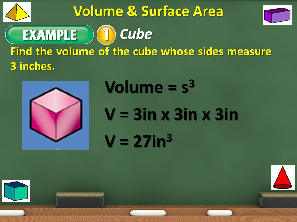 Example 1: Cube Volume = s3 V = 3in x 3in x 3in V = 27in3