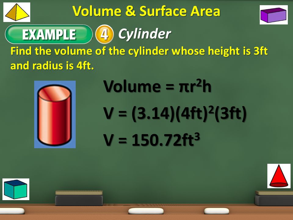 Example 1: Cylinder Volume = πr2h V = (3.14)(4ft)2(3ft) V = ft3