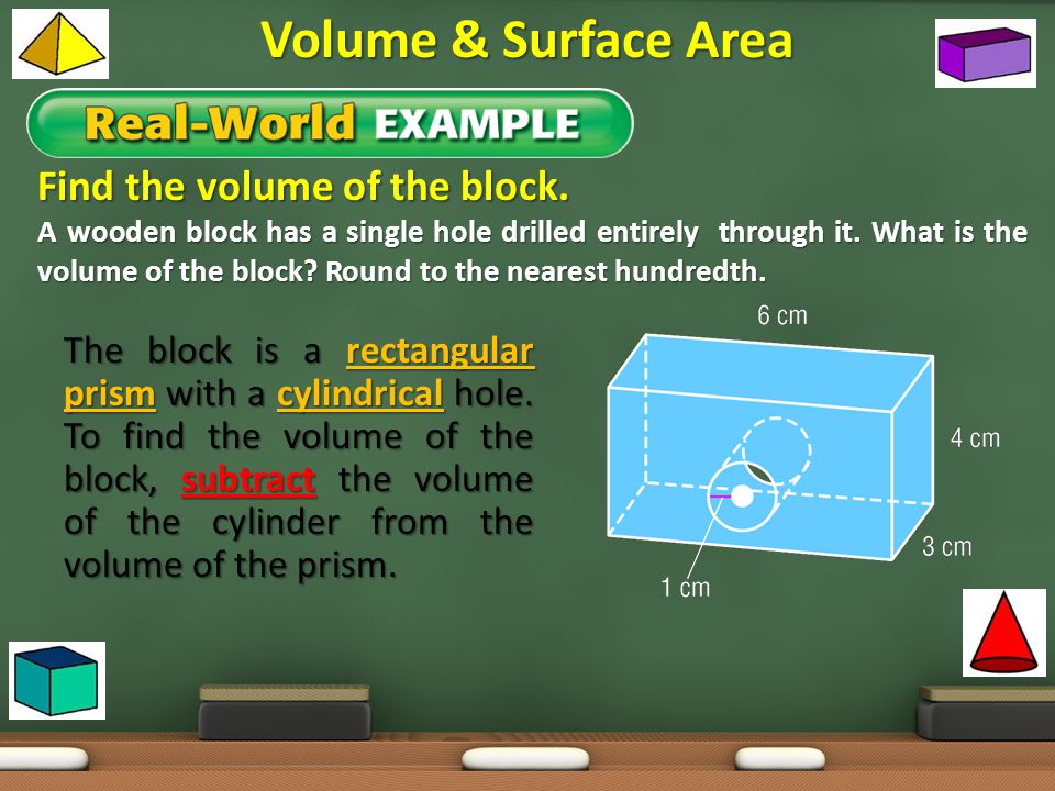 Volume & Surface Area Find the volume of the block.