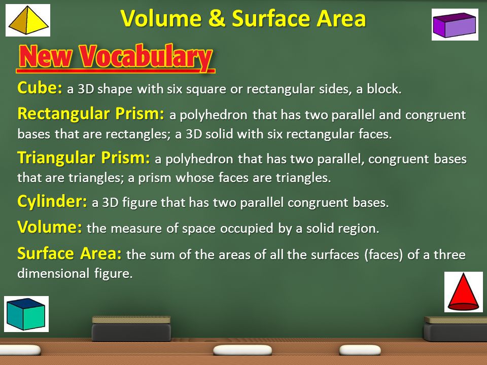 Volume & Surface Area Cube: a 3D shape with six square or rectangular sides, a block.
