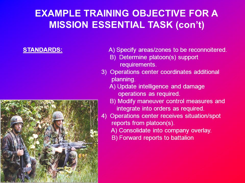 EXAMPLE TRAINING OBJECTIVE FOR A MISSION ESSENTIAL TASK (con’t)