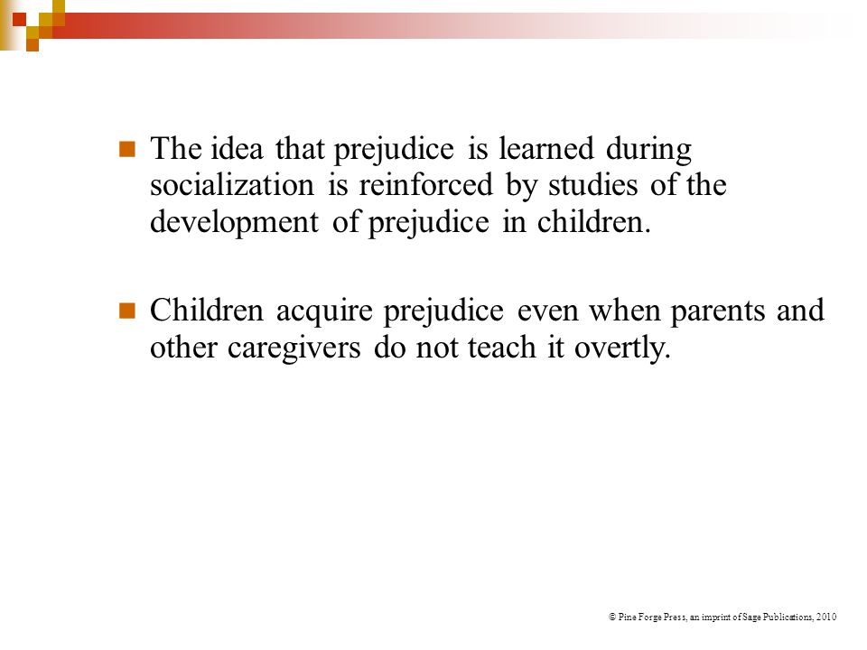 The idea that prejudice is learned during socialization is reinforced by studies of the development of prejudice in children.