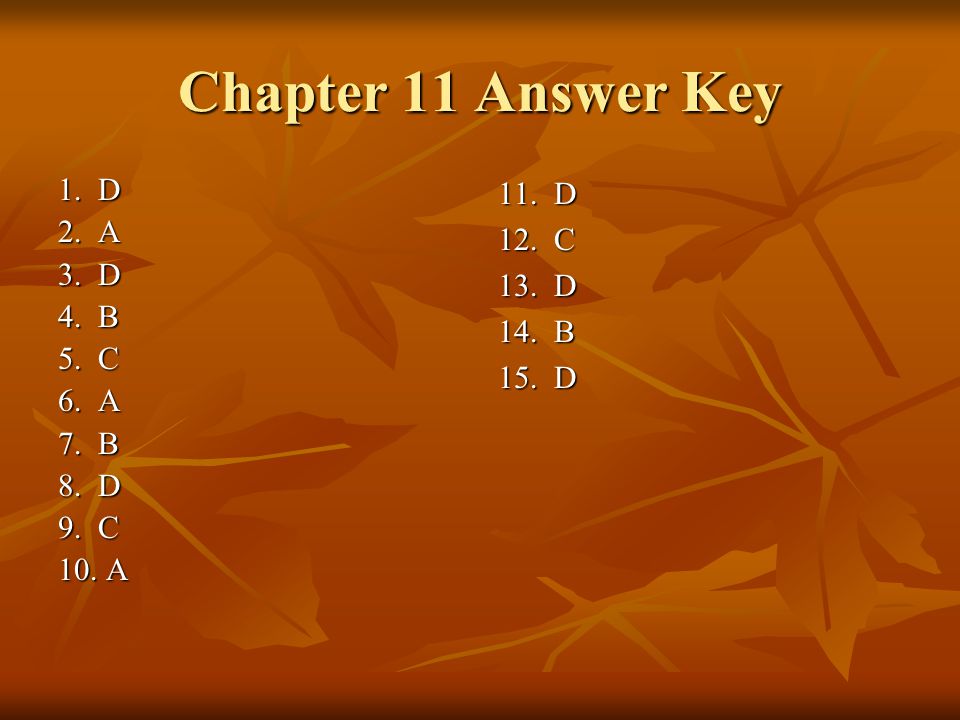 Chapter 11 Answer Key 1. D 2. A 3. D 4. B 5. C 6. A 7. B 8. D 9. C