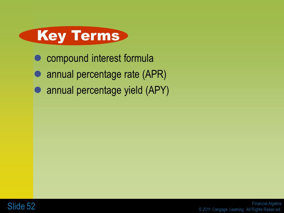 Key Terms compound interest formula annual percentage rate (APR)