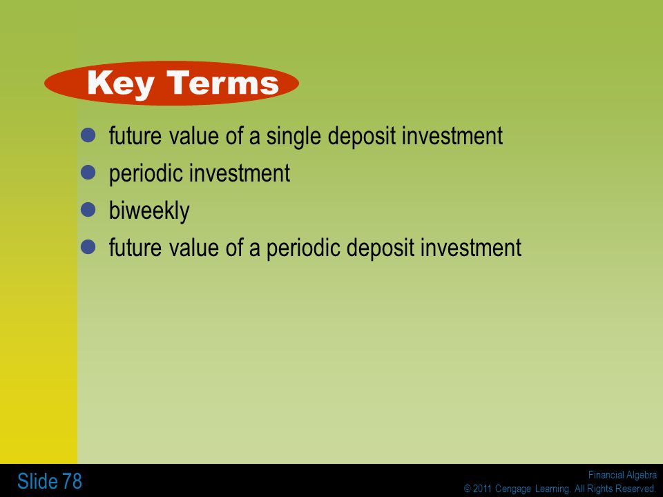 Key Terms future value of a single deposit investment
