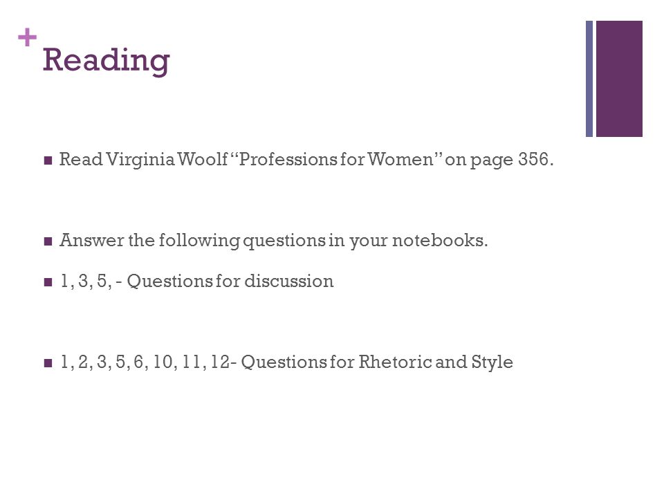 Reading Read Virginia Woolf Professions for Women on page 356.