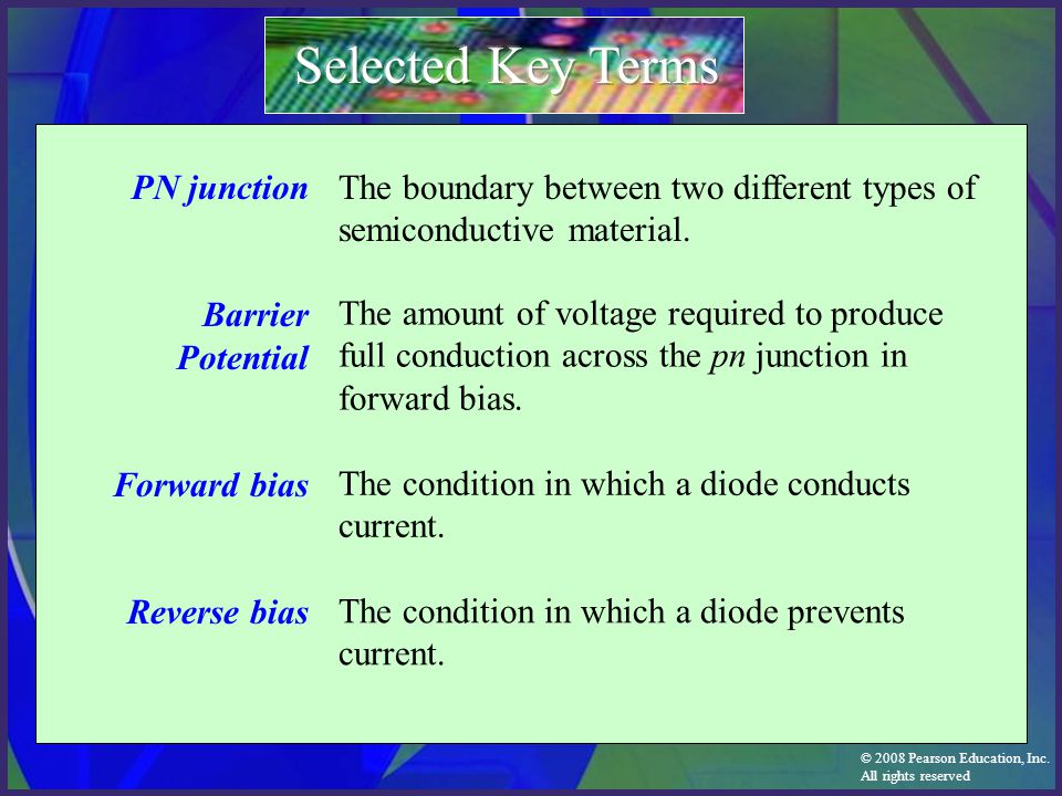 Selected Key Terms PN junction Barrier Potential Forward bias