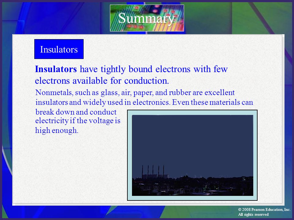 Summary Insulators. Insulators have tightly bound electrons with few electrons available for conduction.