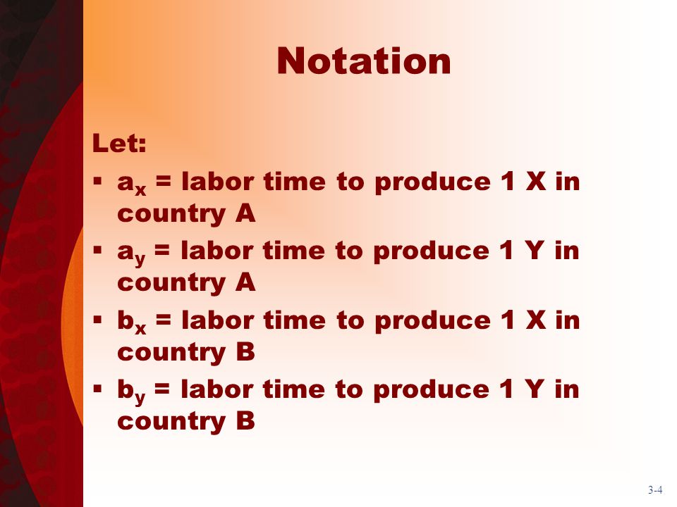 Notation Let: ax = labor time to produce 1 X in country A
