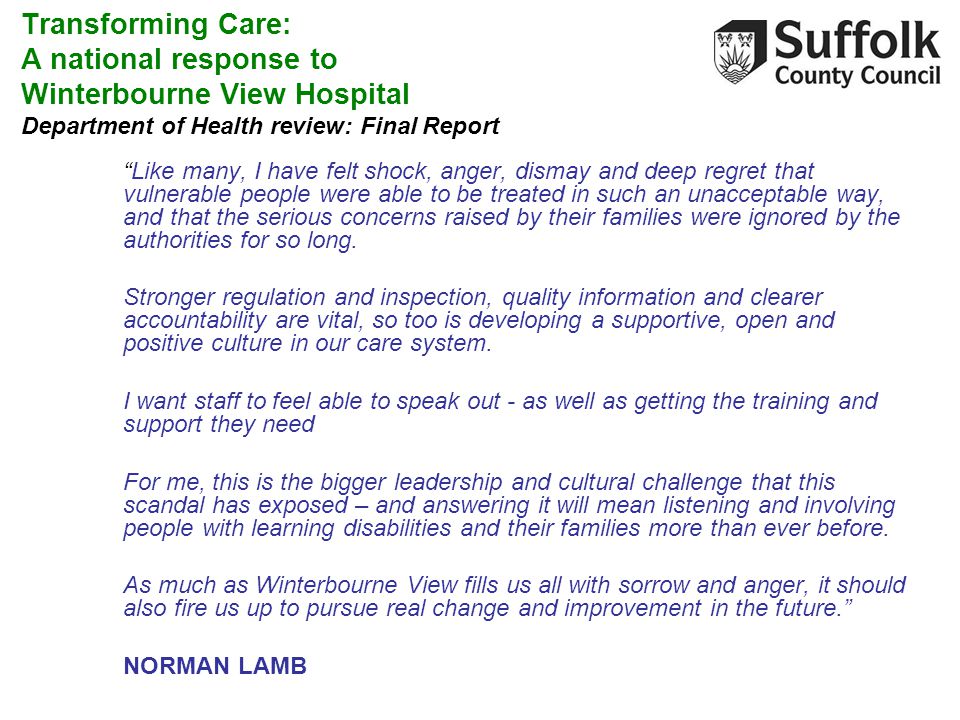 Transforming Care: A national response to Winterbourne View Hospital Department of Health review: Final Report