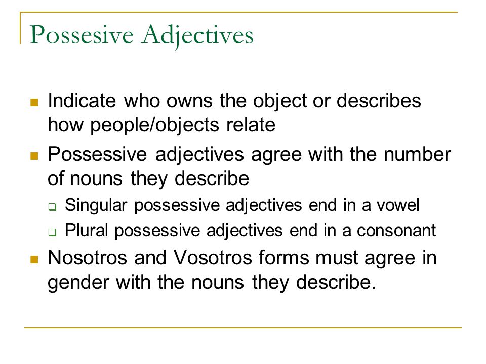 Possesive Adjectives Indicate who owns the object or describes how people/objects relate.