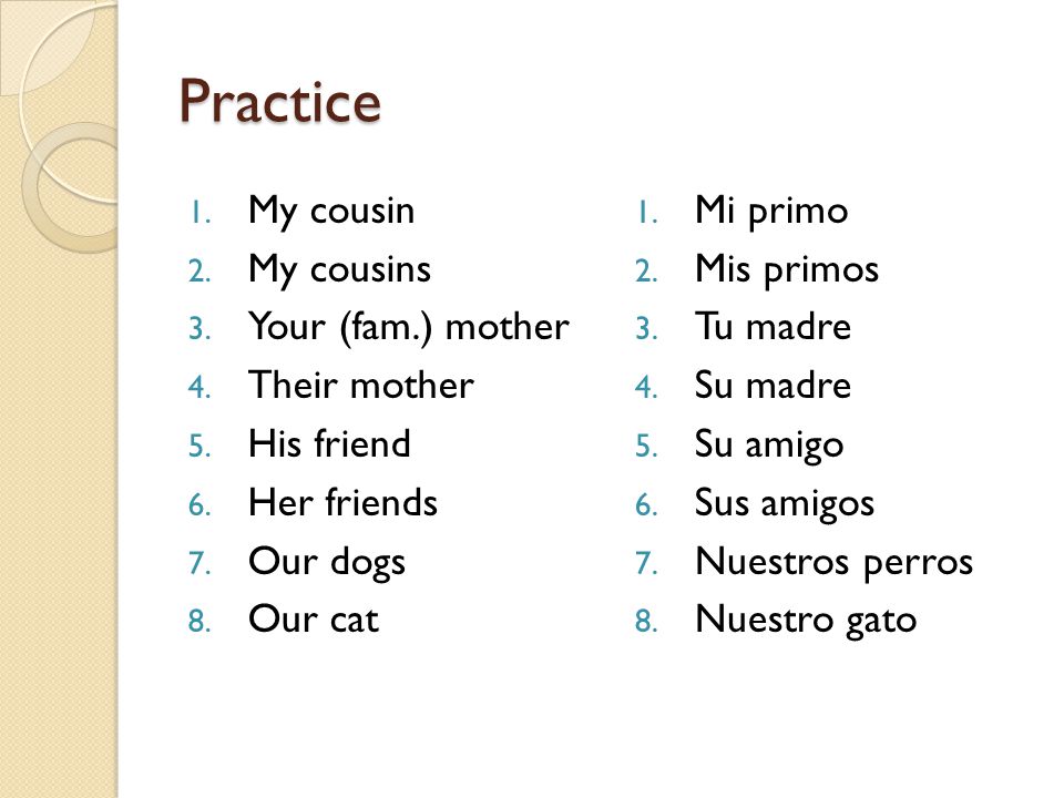 Practice My cousin My cousins Your (fam.) mother Their mother