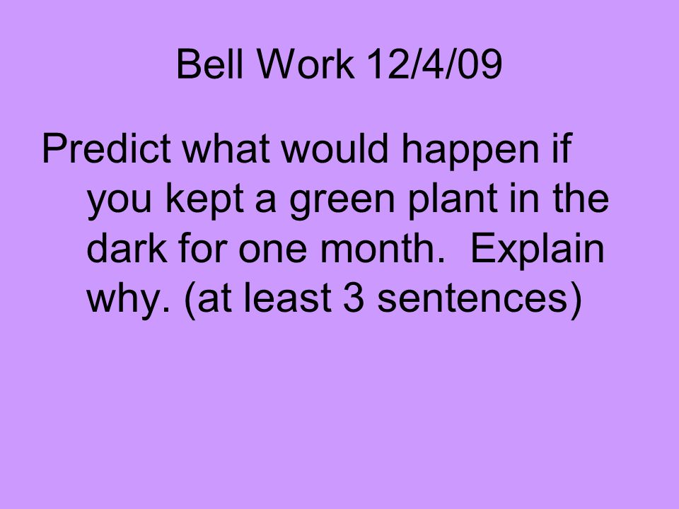 Bell Work 12/4/09 Predict what would happen if you kept a green plant in the dark for one month.