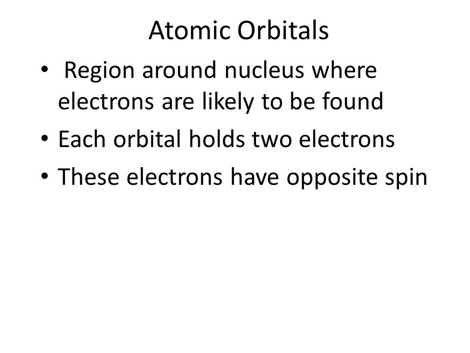 Atomic Orbitals Region around nucleus where electrons are likely to be found. Each orbital holds two electrons.