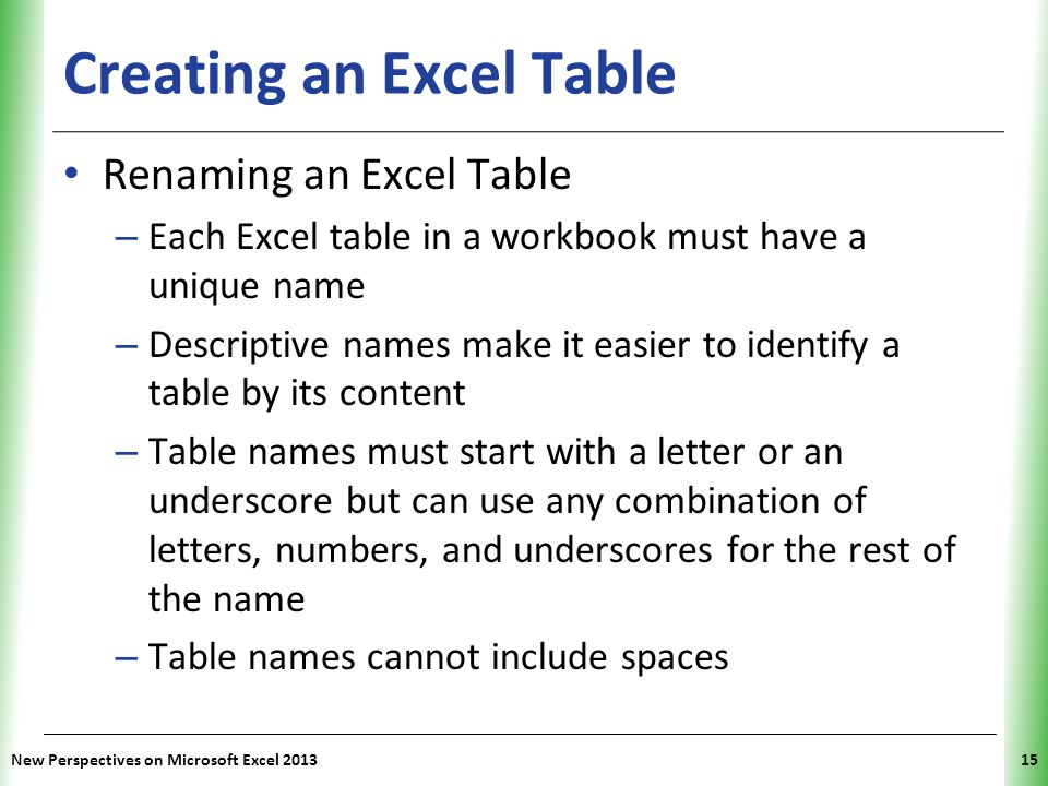 Creating an Excel Table