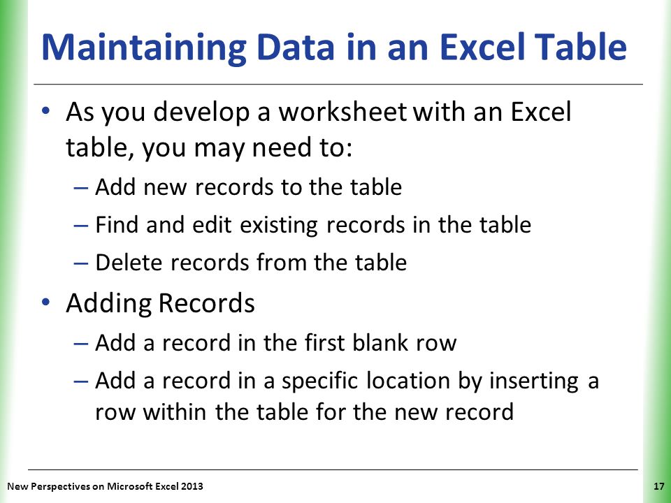 Maintaining Data in an Excel Table
