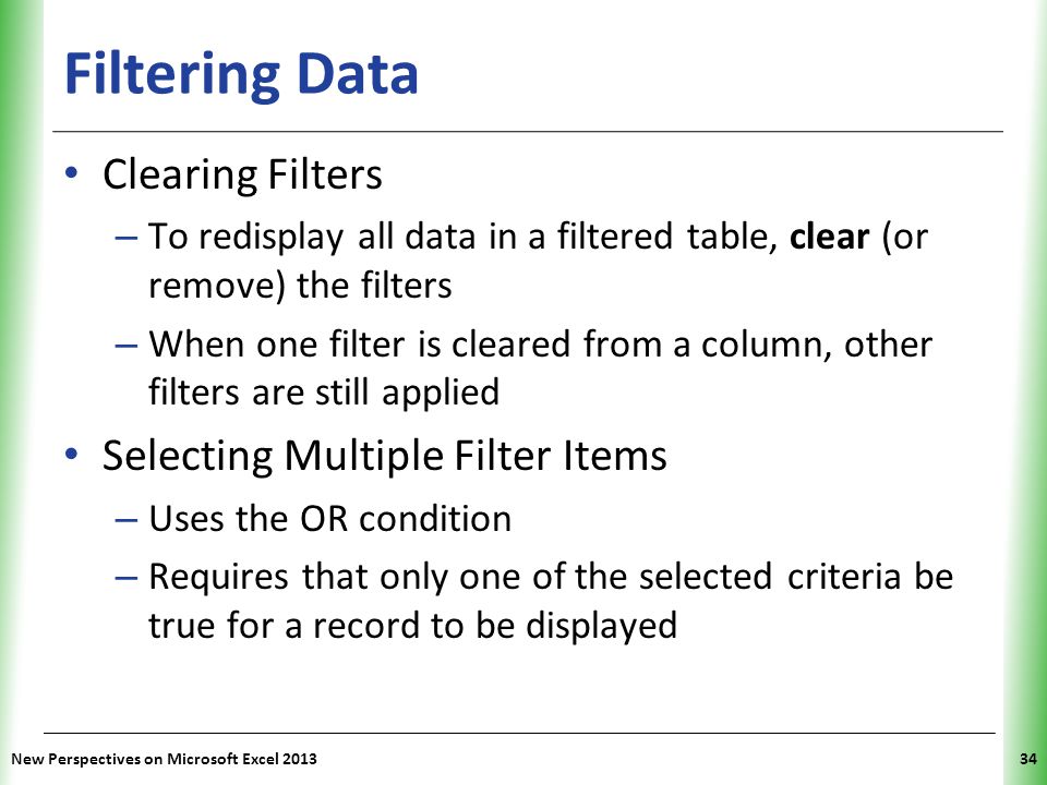 Filtering Data Clearing Filters Selecting Multiple Filter Items